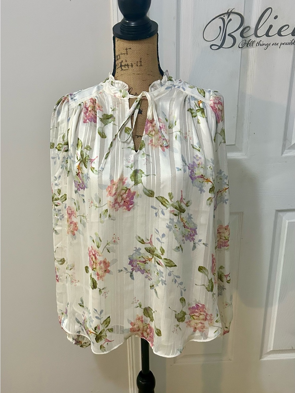 Joie Floral Tie-Neck Pintuck Blouse in White with Pastel Florals